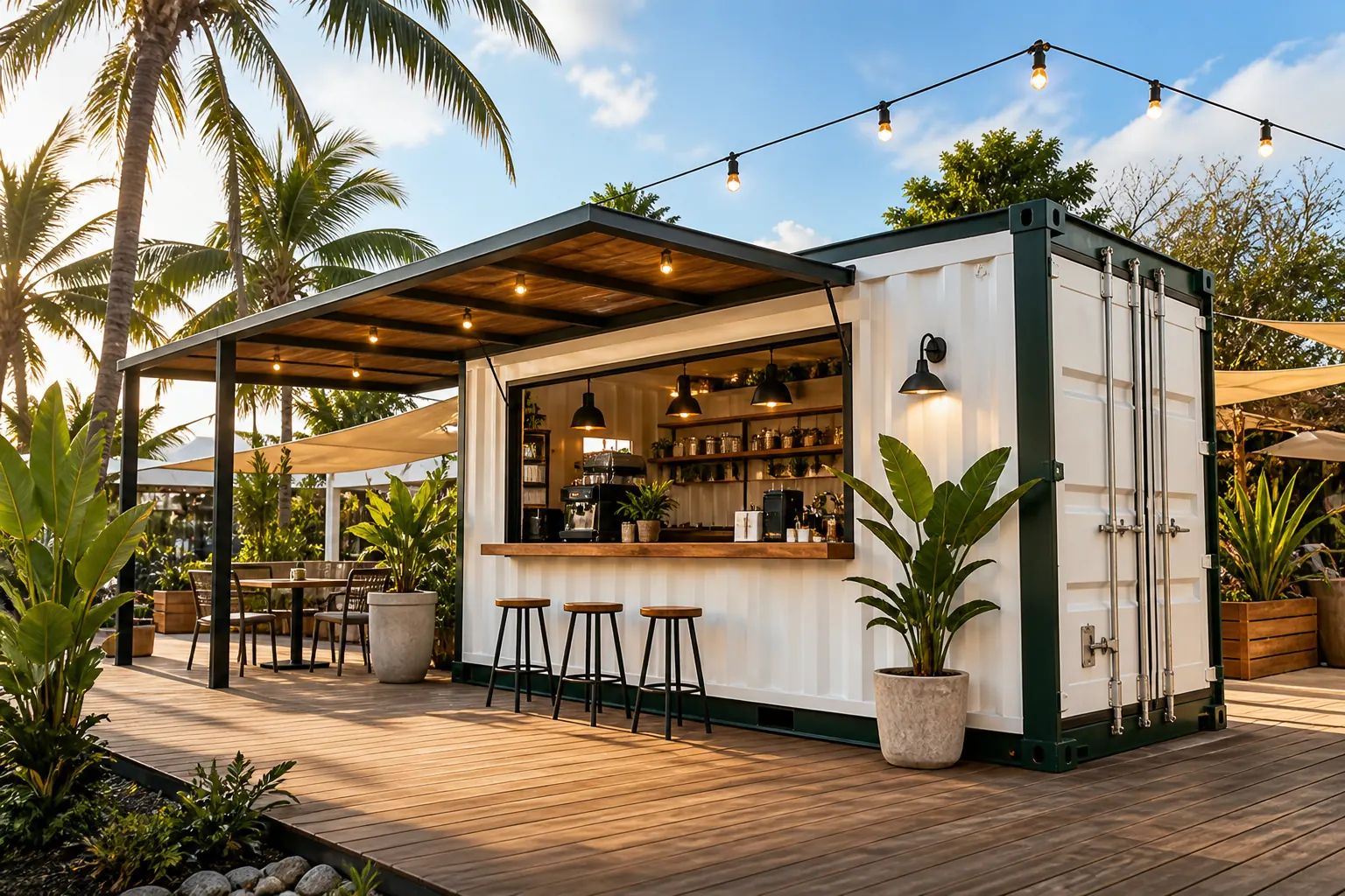Designed container cafe kiosk exterior