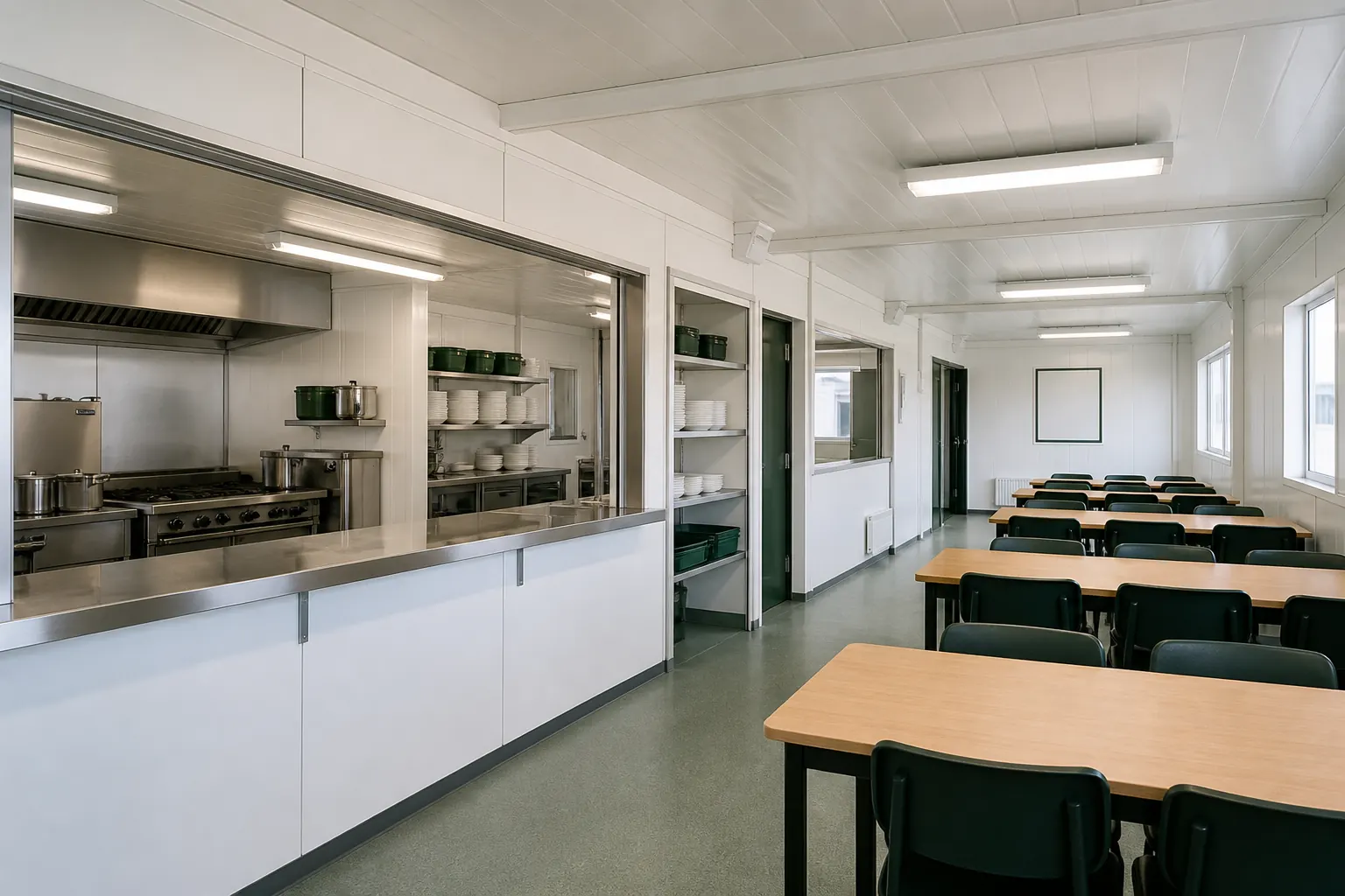 Kitchen and dining container module with prep and serving area