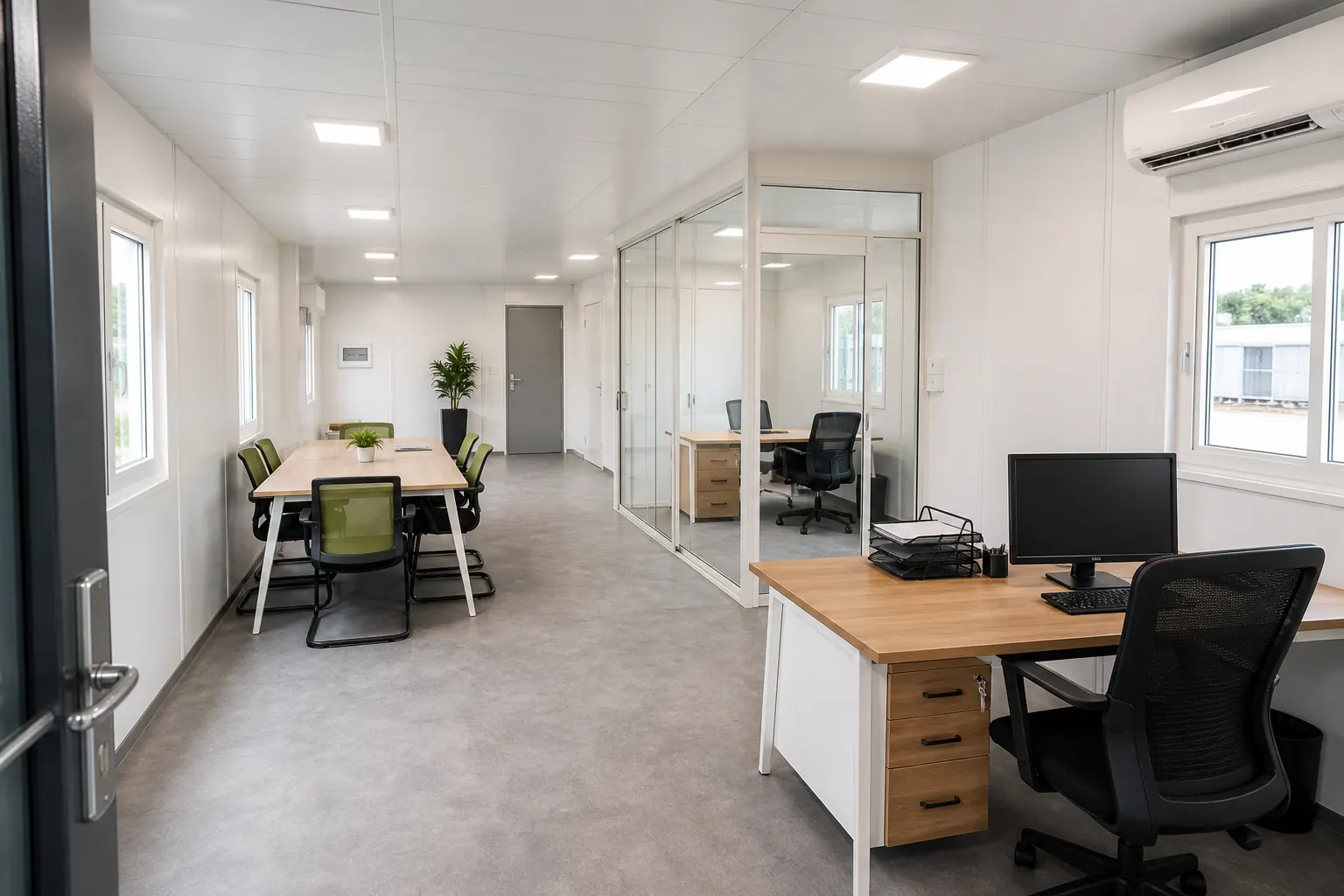 Site office container interior with desks and meeting space
