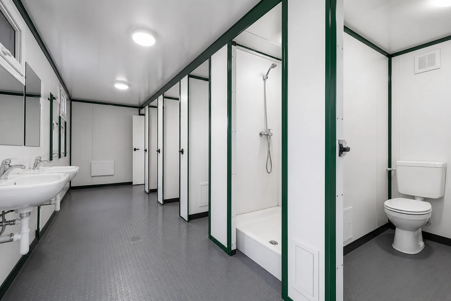 Toilet and shower container interior with cubicles and basins